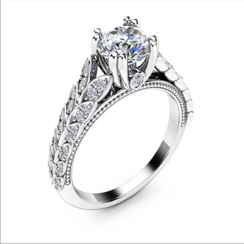 New Elegant 925 Silver Two Row Leaves Diamond Ring